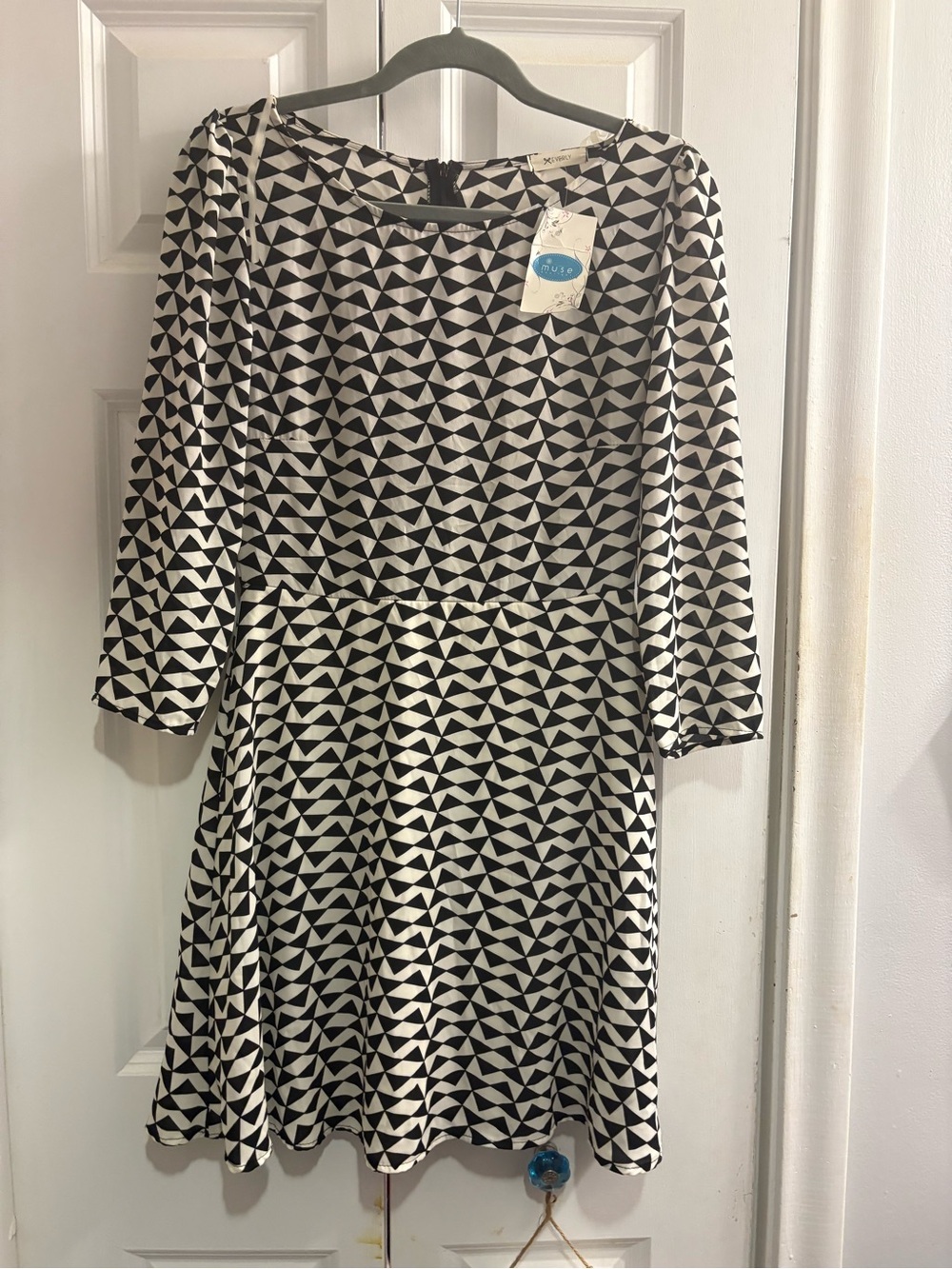 Everly Black & White Geometric Long Sleeve Fit-and-Flare Dress
